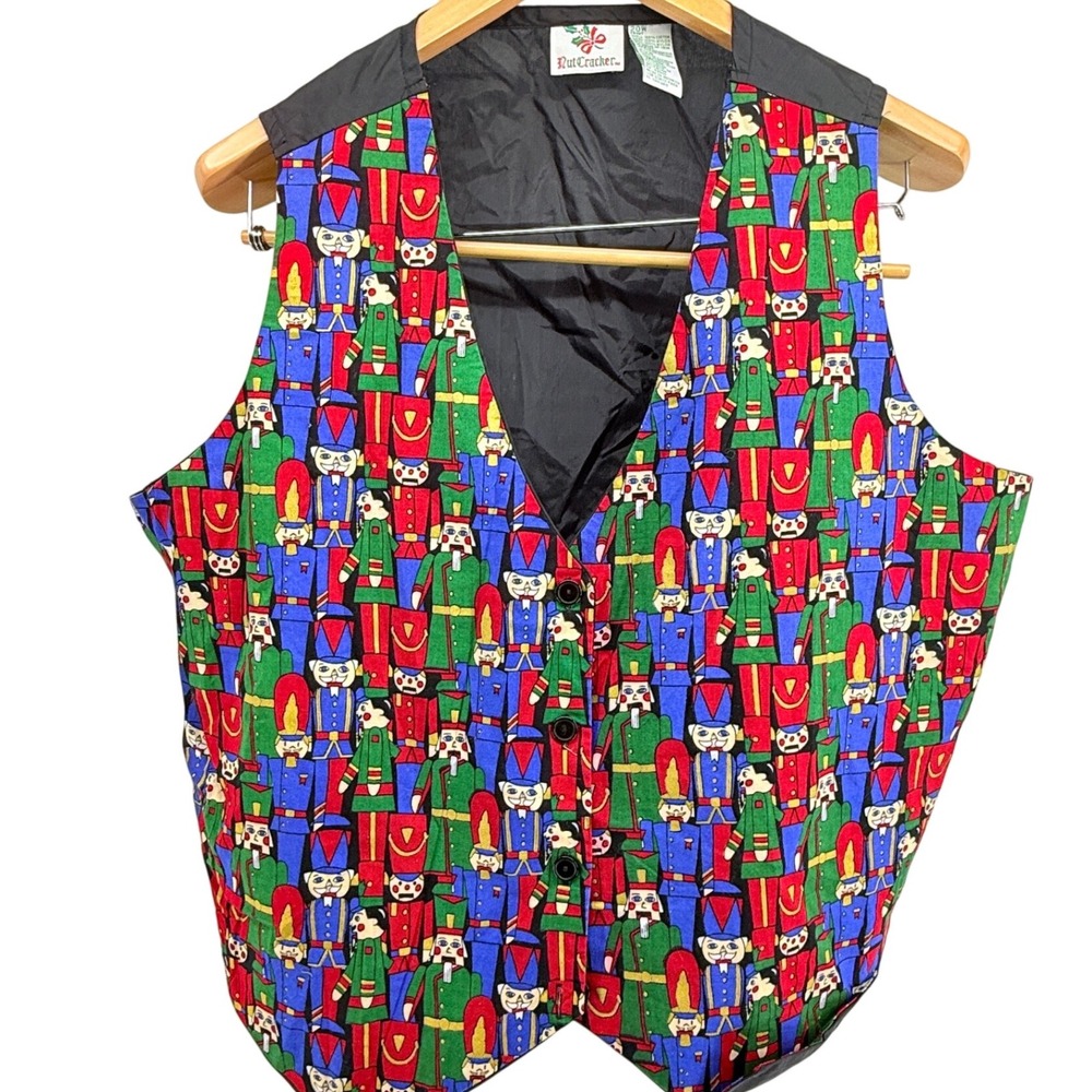 Vtg Nutcracker Vest Womens 20W Christmas Holiday Print Button Front Colorful